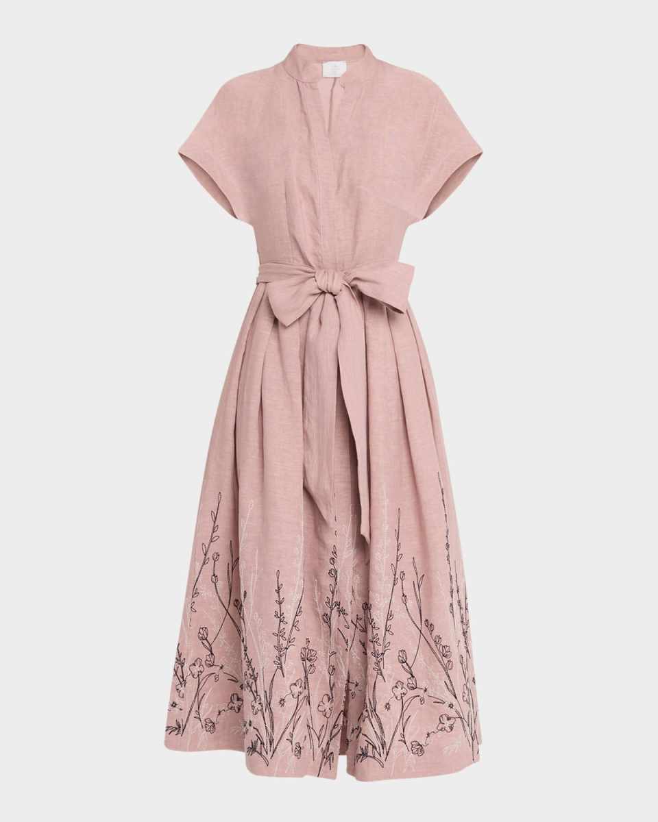 Floral-Embroidered Linen Midi Dress